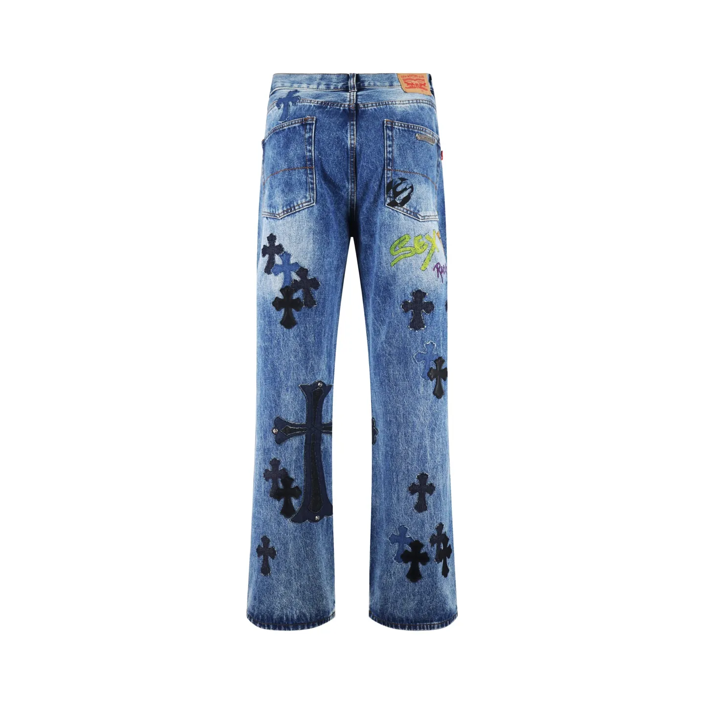 🅿️800 [Exclusive supply] CH Croix Heart Cow King jeans (blue) using genuine levis502 as the base plate, purchased the original version at 5W, heavily washed, frayed and distressed, customized cowhide cross, dyed and fixed to prevent color fading. Fully right-angle fit hand embroidery thread, a total of 5 small silver nails on the whole body, 1 silver medal, 5 Cross Scout flower buttons. The silver content is 85%. It is not made of 925 silver because the silver content is too high and it will easily turn black and oxidize, which affects the appearance. The printing adopts the garment screen water slurry printing process. Size:32/34/36/38